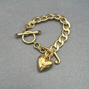Juicy Couture Puffy Heart Charm Bracelet Gold Tone J Toggle Y2K